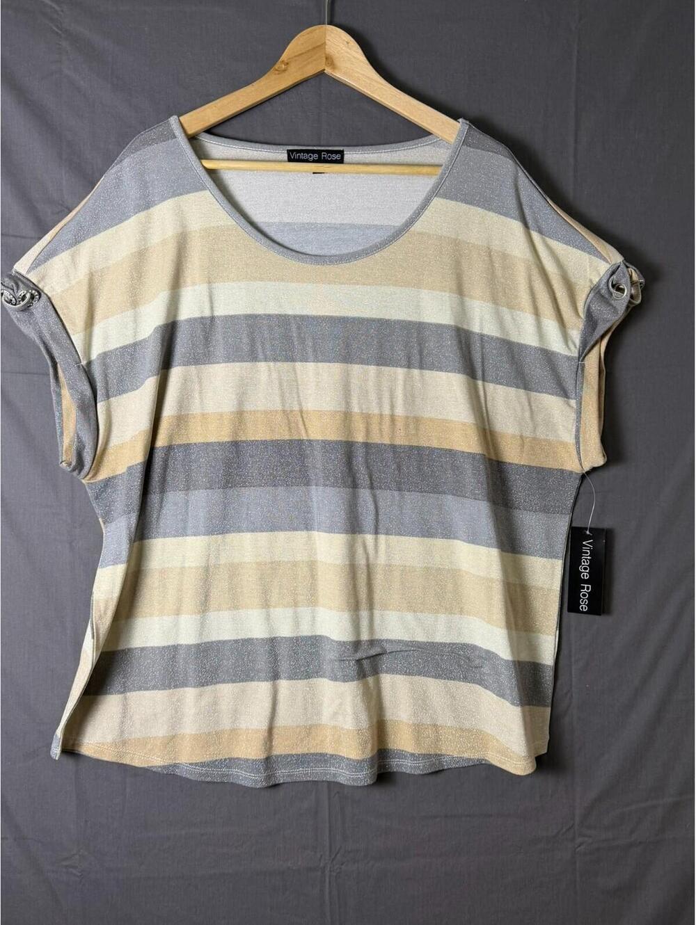Vintage Rose Women’s Top 3X Striped Shimmer Roll‑Tab Sleeve Lightweight Blouse